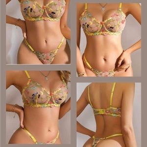 Sexy floral embroidery lingerie set sheer mesh push up bra and thong panties